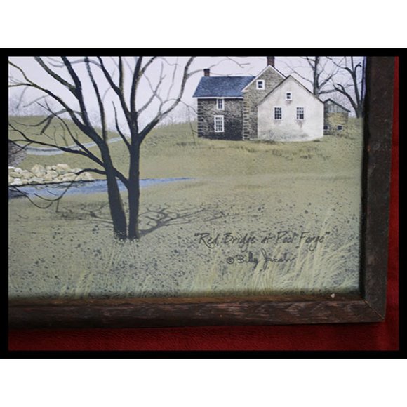 vintage framed rustic print Red Bridge at Pool Forge by Billy Jacobs 12" x 20" - Picture 2 of 3